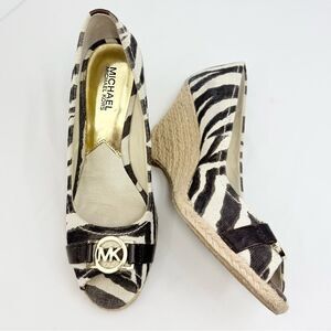 MICHAEL Michael Kors Zebra Print Brown Tan Open Toe Espadrille Wedge Sandals